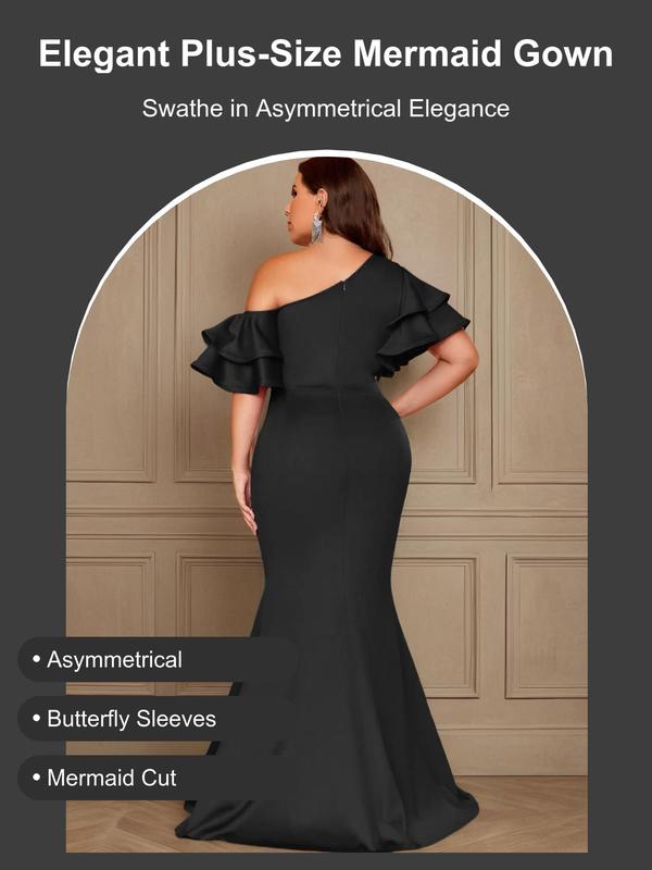  Layered Sleeve Asymmetrical Neck Mermaid Dress, Elegant Butterfly Sleeve Evening Party Gown, Women's Clothes for All Seasons, Dresses for Women, Birthday Dresses 2024, Plus Size Dresses, Formal Dresses, Elegant Dresses