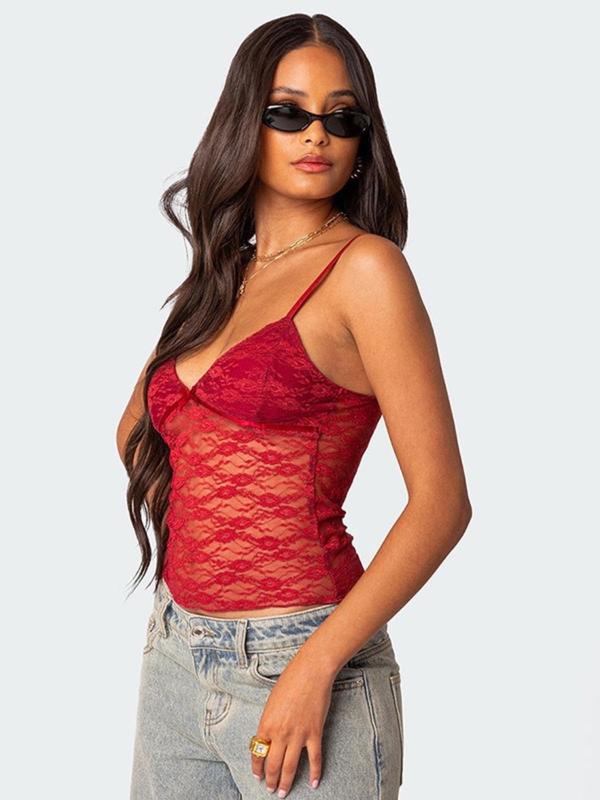 Women's Plain Sheer Backless Lace Crop Cami Top, Chic Sexy Spaghetti Strap Top for Daily Wear, Ladies Clothes for All Seasons