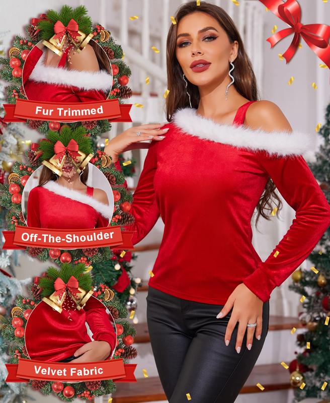 VIDUSSA Christmas Cold Shoulder Tops - Womens Santa Velvet Long Sleeve Off The Shoulder Fur Trim Sweater Tops Shirts Womenswear Blouse