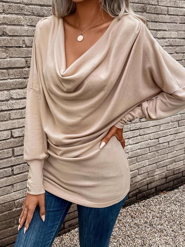 Women's Plain Ruched Cowl Neck Batwing Sleeve Tee, Elegant Button Long Sleeve T-shirt for Spring & Fall, Fashion Women's Top for Daily Wear, Trendy T-shirts