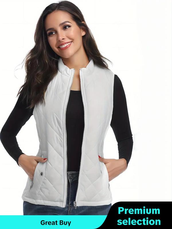 Women's Solid Zip Up Quilted Vest Coat, Casual Tops, Pocket Design Sleeveless Outerwear for Fall & Winter, Winter Clothes Women, Women's Clothing for Daily Wear