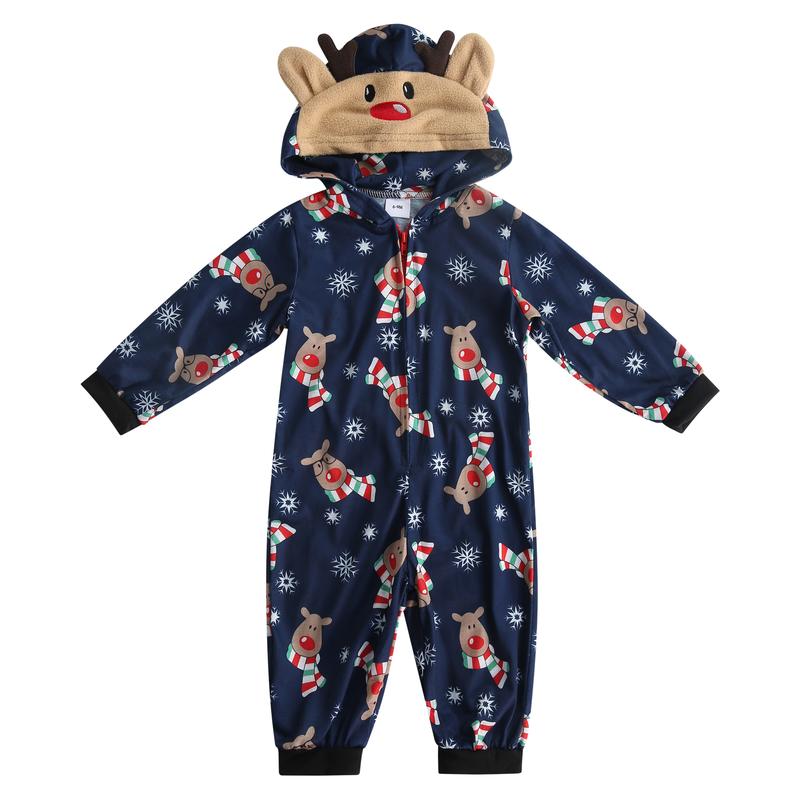 Matching Christmas Pajamas For Family, Elk Print Hooded Long Sleeve Jumpsuit with Zipper for Woman, Man, Kid, Baby