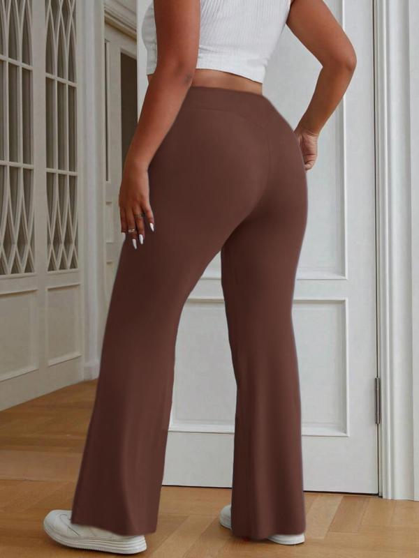  Solid Wrap High Waist Flare Leg Pants, Casual Comfy Bell Bottom Trousers for Daily Wear, Women's Bottoms for All Seasons