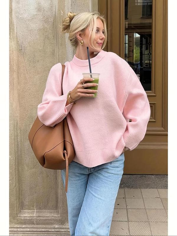 Women's Plain Drop Shoulder Crew Neck Sweater, Casual Long Sleeve Round Neck Jumper for Fall & Winter, Fashion Ladies' Knitwear for Daily Wear