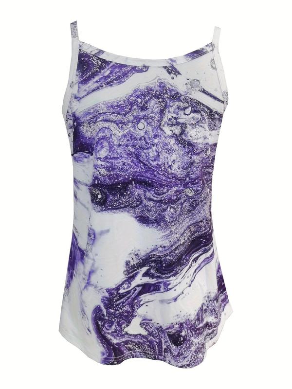 Women's Marble Print V Neck Tank Top, Casual Sleeveless Top for Daily Wear, Ladies Clothes for All Seasons