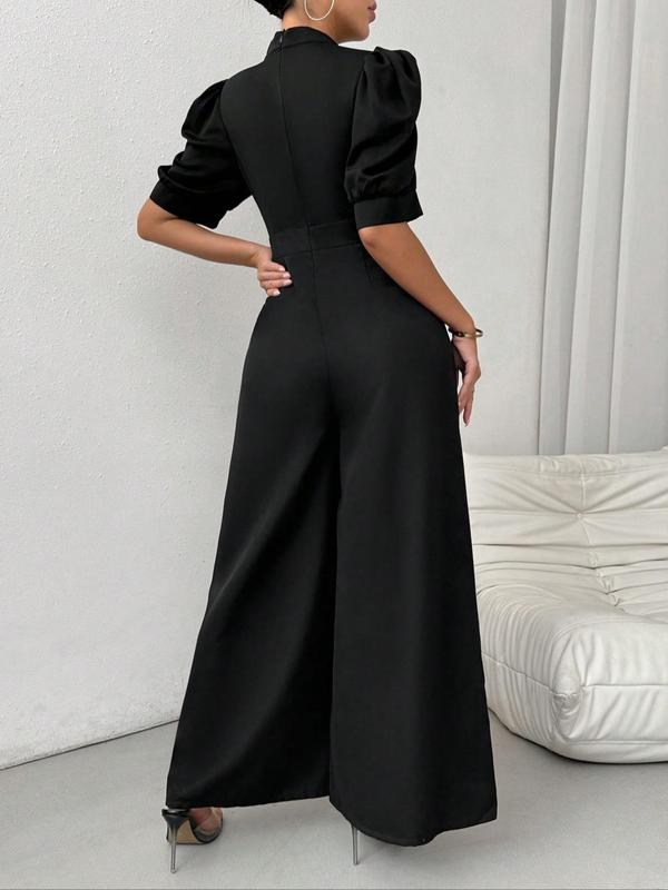 Women's Plain Puff Sleeve Notched Waist Jumpsuit, Casual Short Sleeve Button Front Jumpsuit for Summer, Fashion Women's Clothing for Daily Wear