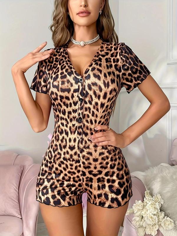 Women's Leopard Print Button Front Romper, Lettuce Trim Deep V Neck Short Sleeve Bodysuit, Ladies Clothes for All Seasons