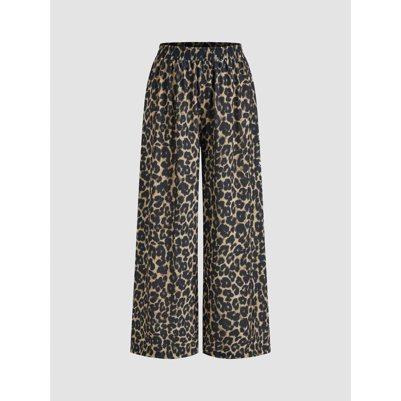 Cider [3 colors, size 0-24] Mid Rise Elastic Waist Leopard Wide Leg Trousers