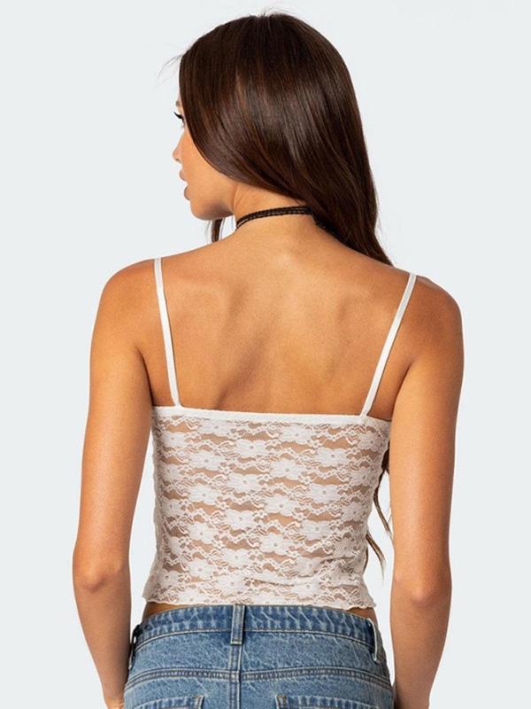 Women's Plain Sheer Backless Lace Crop Cami Top, Chic Sexy Spaghetti Strap Top for Daily Wear, Ladies Clothes for All Seasons