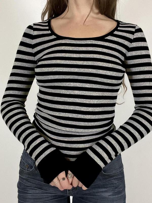 Women's Striped Print Scoop Neck Ribbed Tee, Casual Long Sleeve T-shirt for Fall & Winter, Women's Clothing for Daily Wear