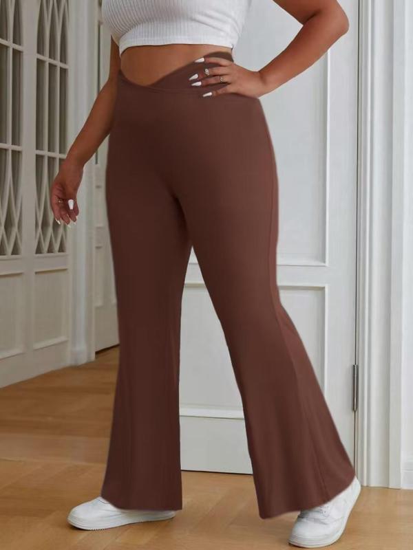  Solid Wrap High Waist Flare Leg Pants, Casual Comfy Bell Bottom Trousers for Daily Wear, Women's Bottoms for All Seasons