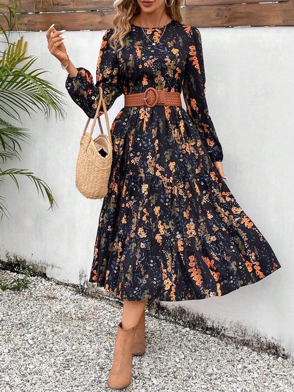 Women's Floral Print Bishop Sleeve Shirred A Line Dress, Elegant Long Sleeve Round Neck Midi Dress for Spring & Fall, Women's Clothing for Daily Wear