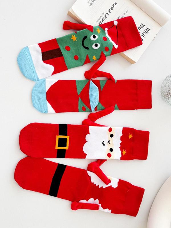 Women's Christmas Themed Cartoon Santa Claus Print Crew Socks, Cute Magnetic Holding Hand Design Mid-calf Socks for Fall & Winter, Women's Socks for Daily Wear