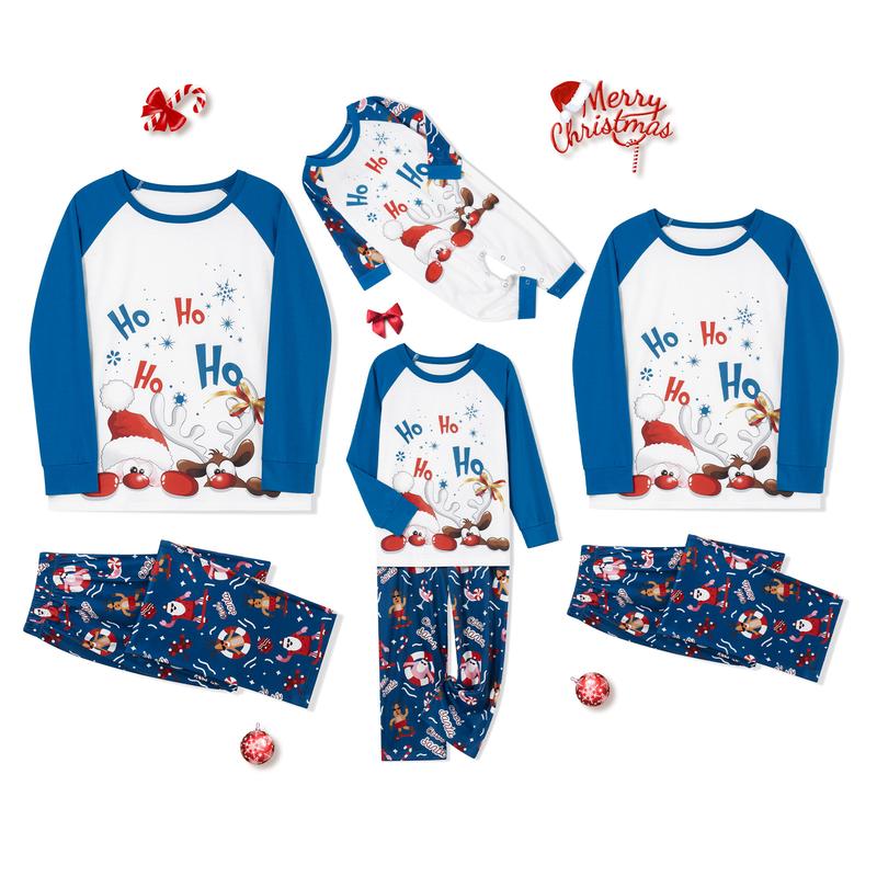 Christmas Family Pajamas Matching Set, Santa Claus Deer Print Long Sleeve T-shirt with Pants Sleepwear Loungewear Crewneck Womenswear