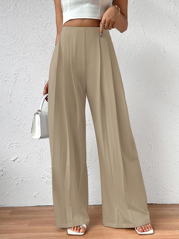 Women's Solid Color Plicated High Waist Wide Leg Pants, Casual Comfy Zipper Trousers for Daily Wear, Ladies Bottoms for Fall