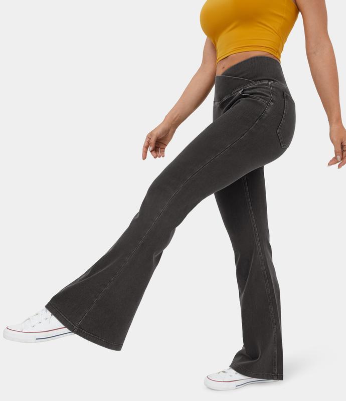 Hallarra Flex High Waisted Crossover PocketWashed Stretchy Knit Casual Flare Jeans