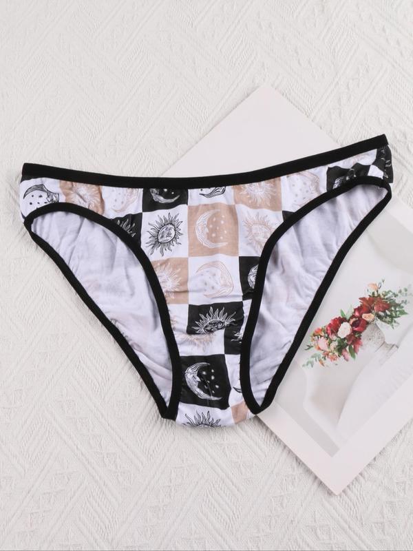  Star & Moon Print Briefs, Soft Comfy Breathable Knicker for Daily Wear, Women's Underwear for All Seasons