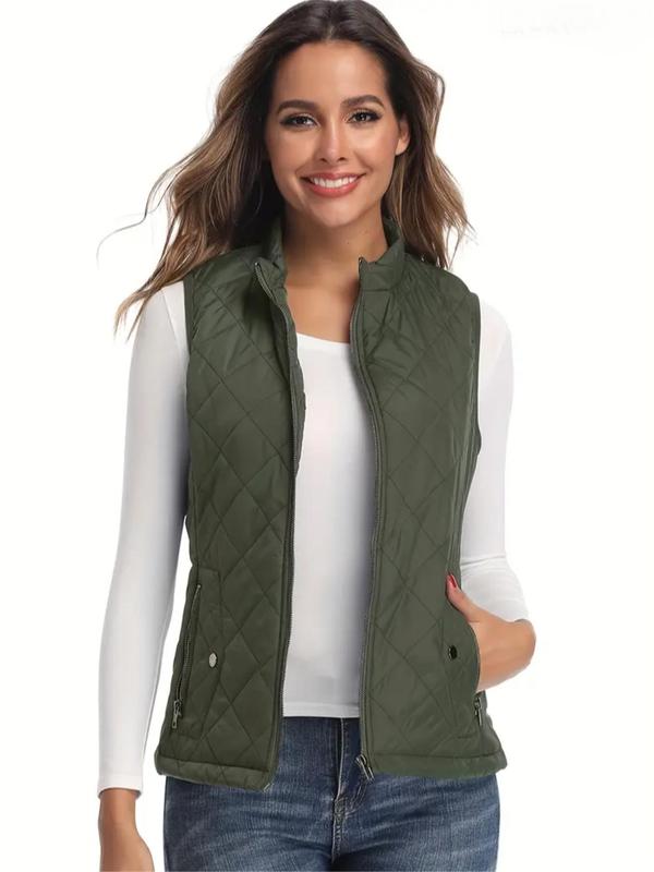 Women's Solid Zip Up Quilted Vest Coat, Casual Tops, Pocket Design Sleeveless Outerwear for Fall & Winter, Winter Clothes Women, Women's Clothing for Daily Wear