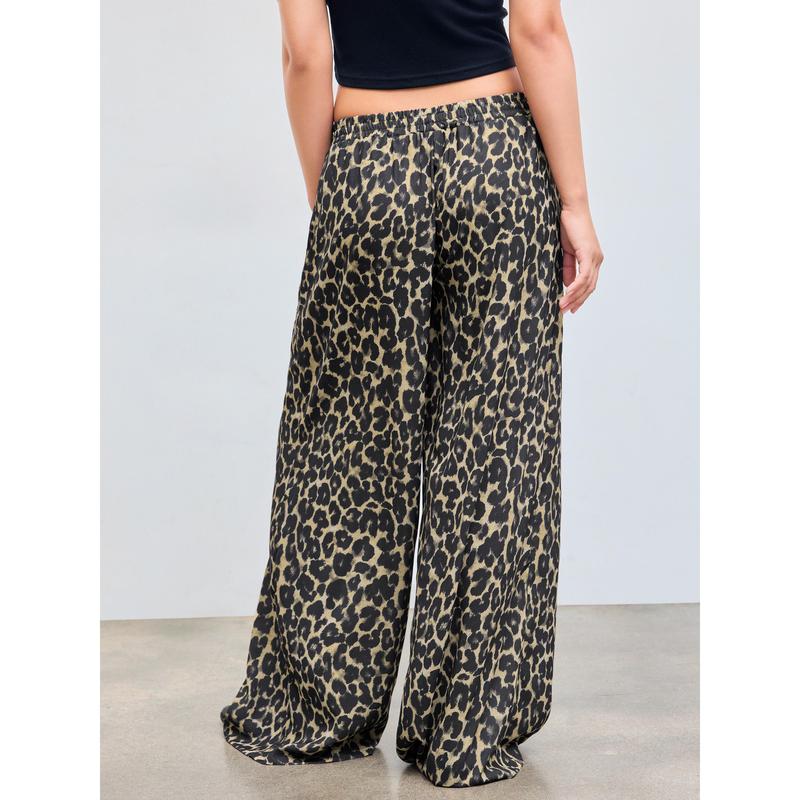 Cider [3 colors, size 0-24] Mid Rise Elastic Waist Leopard Wide Leg Trousers