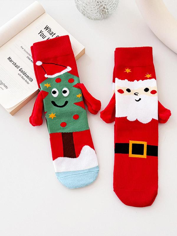 Women's Christmas Themed Cartoon Santa Claus Print Crew Socks, Cute Magnetic Holding Hand Design Mid-calf Socks for Fall & Winter, Women's Socks for Daily Wear