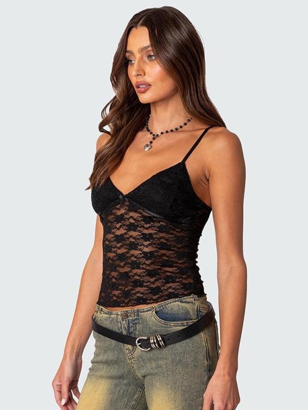 Women's Plain Sheer Backless Lace Crop Cami Top, Chic Sexy Spaghetti Strap Top for Daily Wear, Ladies Clothes for All Seasons