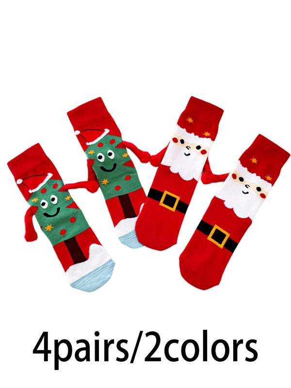 Women's Christmas Themed Cartoon Santa Claus Print Crew Socks, Cute Magnetic Holding Hand Design Mid-calf Socks for Fall & Winter, Women's Socks for Daily Wear