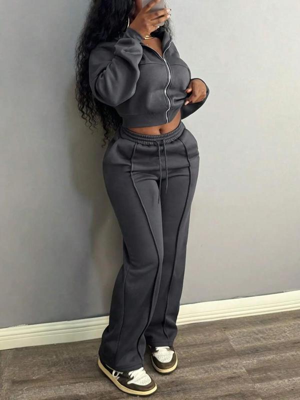 Two-piece Set Women's Solid Color Zip Up Mock Neck Bomber Jacket & Drawstring Waist Sweatpants, Casual Fashion Cozy Breathable Two Piece Outfits for Daily Outdoor Wear, Women Clothes for Fall & Winter