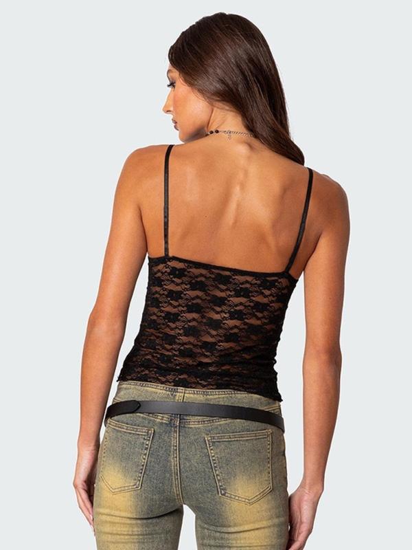 Women's Plain Sheer Backless Lace Crop Cami Top, Chic Sexy Spaghetti Strap Top for Daily Wear, Ladies Clothes for All Seasons