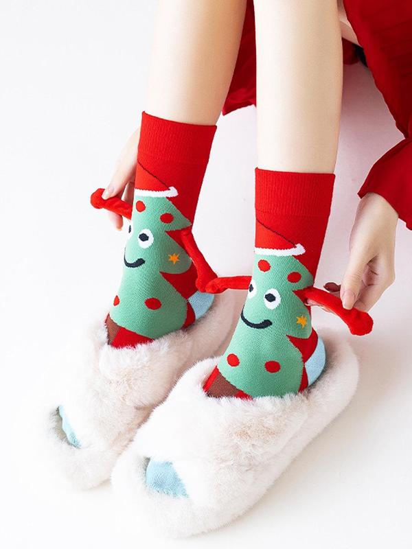 Women's Christmas Themed Cartoon Santa Claus Print Crew Socks, Cute Magnetic Holding Hand Design Mid-calf Socks for Fall & Winter, Women's Socks for Daily Wear