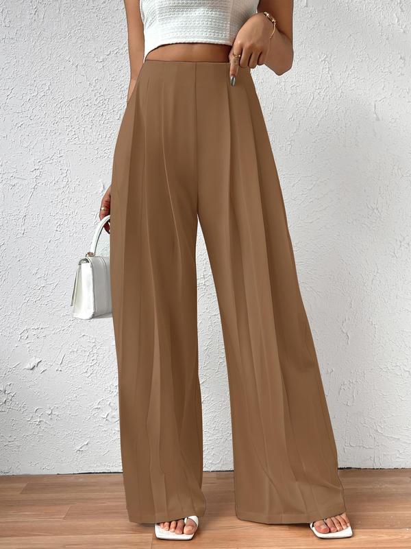 Women's Solid Color Plicated High Waist Wide Leg Pants, Casual Comfy Zipper Trousers for Daily Wear, Ladies Bottoms for Fall