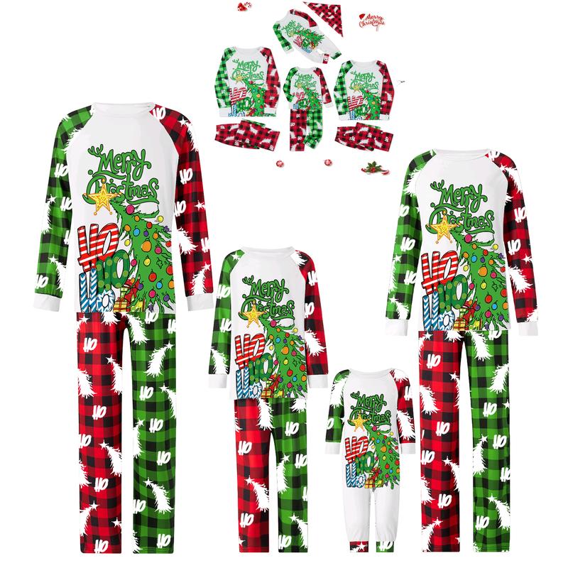 Green Matching Christmas Pajamas For Familyt, Long Sleeve Tree Letters Print T-shirt with Plaid Pants Sleepwear Loungewear