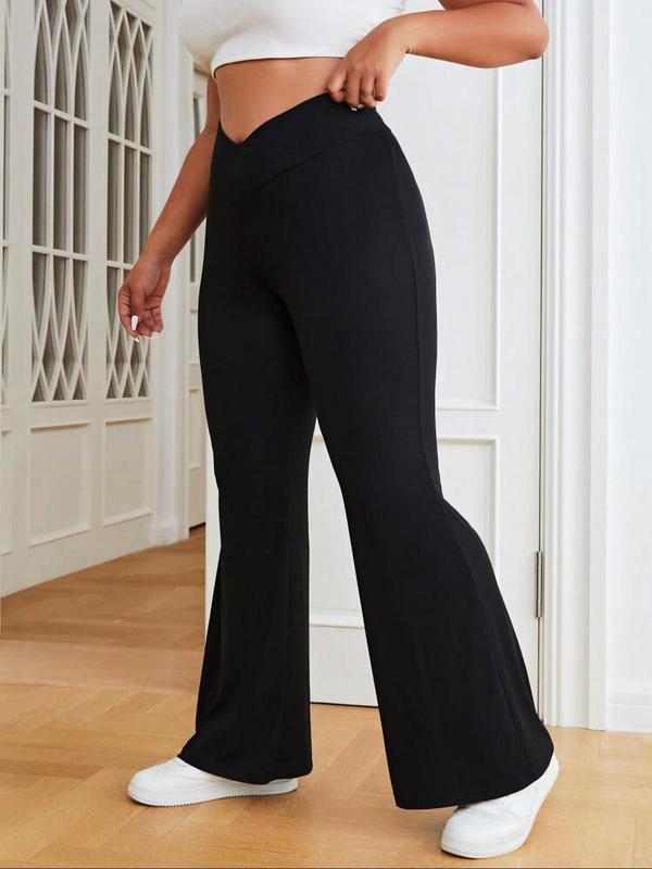  Solid Wrap High Waist Flare Leg Pants, Casual Comfy Bell Bottom Trousers for Daily Wear, Women's Bottoms for All Seasons