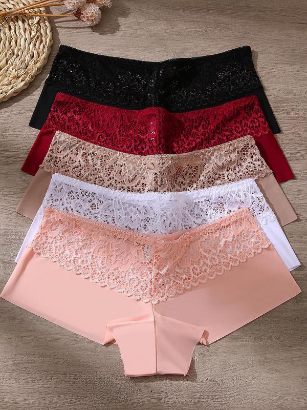 Women's 5pcs Plain Contrast Lace Boxer Brief, Solid Color Breathable Ice Silk Knickers, Female Seamless Underwear for All Seasons