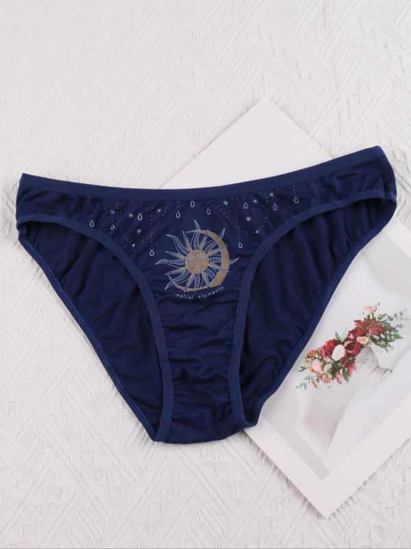  Star & Moon Print Briefs, Soft Comfy Breathable Knicker for Daily Wear, Women's Underwear for All Seasons