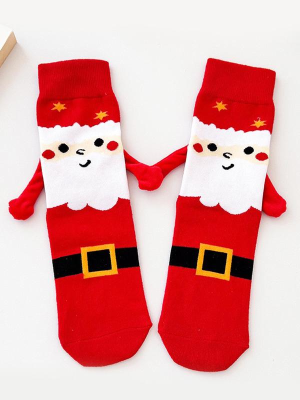 Women's Christmas Themed Cartoon Santa Claus Print Crew Socks, Cute Magnetic Holding Hand Design Mid-calf Socks for Fall & Winter, Women's Socks for Daily Wear