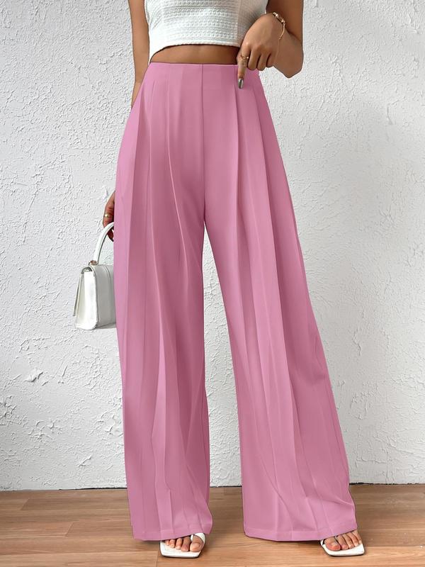 Women's Solid Color Plicated High Waist Wide Leg Pants, Casual Comfy Zipper Trousers for Daily Wear, Ladies Bottoms for Fall