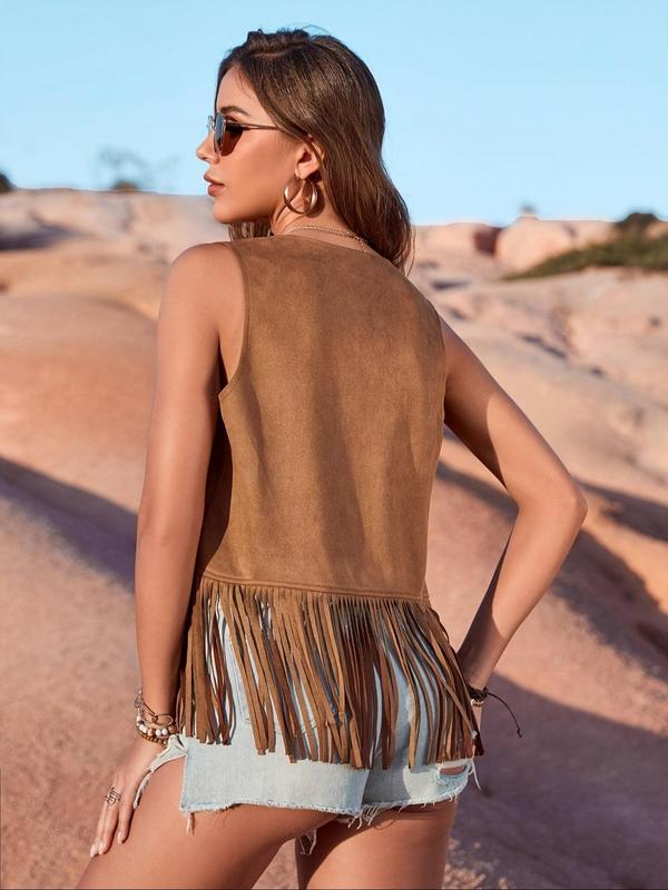 Women's Ethnic Pattern Fringe Trim Hollow Out Suede Vest, Casual Sleeveless Open Front Vest for Summer, Women's Clothing for Daily Wear