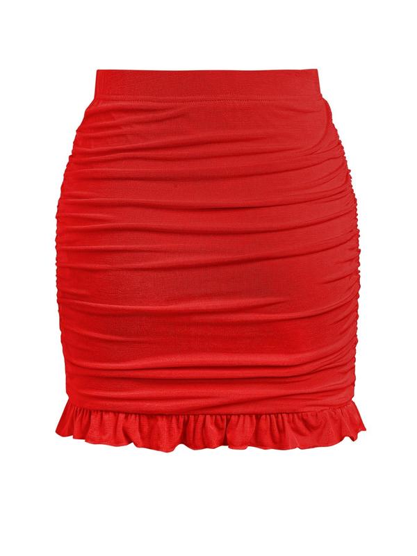 Women's Solid Ruched Ruffle Hem Bodycon Skirt, Casual Fashion Short Skirt for Daily Outdoor Wear, Ladies Bottoms for Summer