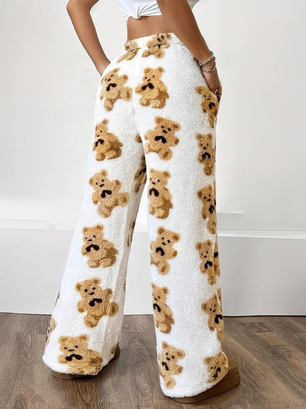 Women's Cartoon Bear Print Drawstring Waist Wide Leg Pants, Casual Comfy Pocket Fuzzy Trousers for Fall & Winter, Women's Bottoms for Daily Wear