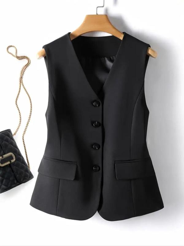 Women's Solid Button Front Vest Blazer, Casual Sleeveless V Neck Outerwear for Spring & Fall, Ladies Clothes for Daily Wear