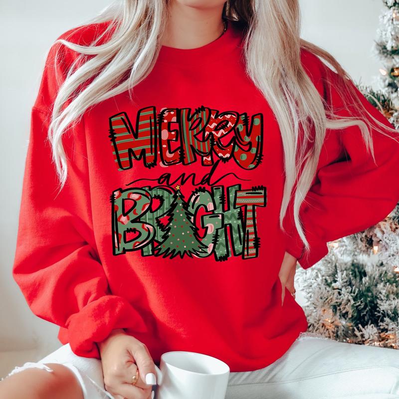 Merry and Bright Sweatshirt Full Color, Christmas Tree Sweater, Merry Christmas Hoodie, Family Christmas Crewneck Tee, Xmas Shirt Gift, Happy Holiday