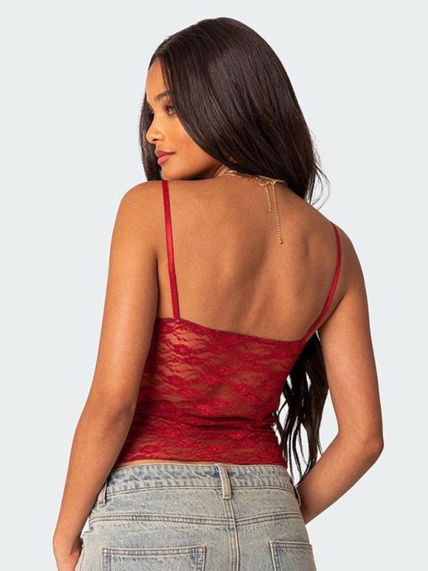 Women's Plain Sheer Backless Lace Crop Cami Top, Chic Sexy Spaghetti Strap Top for Daily Wear, Ladies Clothes for All Seasons