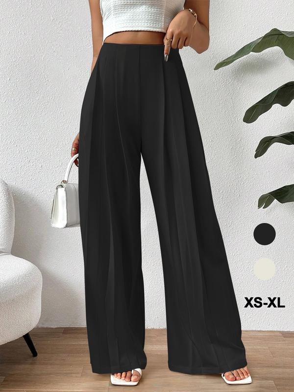 Women's Solid Color Plicated High Waist Wide Leg Pants, Casual Comfy Zipper Trousers for Daily Wear, Ladies Bottoms for Fall