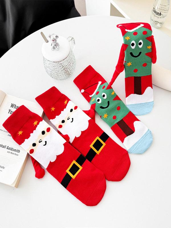 Women's Christmas Themed Cartoon Santa Claus Print Crew Socks, Cute Magnetic Holding Hand Design Mid-calf Socks for Fall & Winter, Women's Socks for Daily Wear