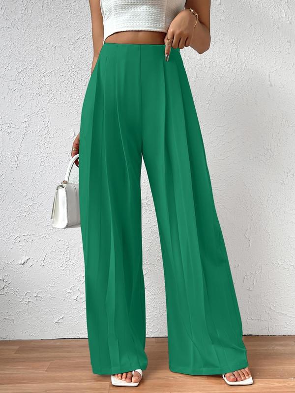 Women's Solid Color Plicated High Waist Wide Leg Pants, Casual Comfy Zipper Trousers for Daily Wear, Ladies Bottoms for Fall