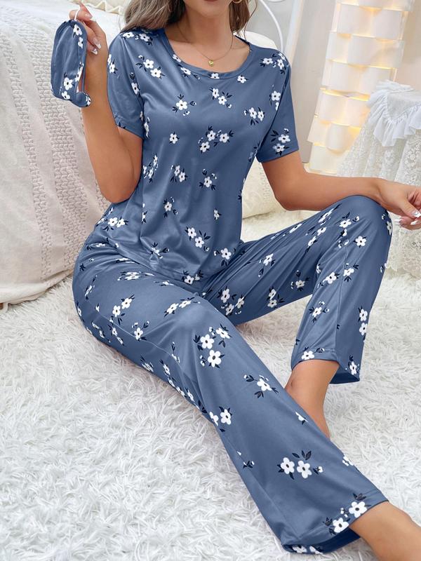 2 Piece Set Women's Floral Print Top & Elastic Waist Pants & Eye Cover Pyjama Set, Soft Comfy Lounge Set, Summer Wear 2024, Women's Sleepwear Lounge Co-ord Set