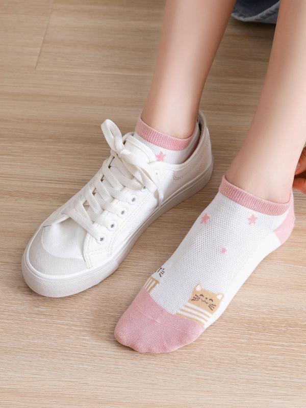 Women's 5 Pairs Cute Cat & Heart Print Ankle Socks, Women Knit Socks, Breathable Cozy Socks, Multi-pack Candy Color Knit Socks, Comfort Basic Women's Socks, Comfortable Everyday Womenswear