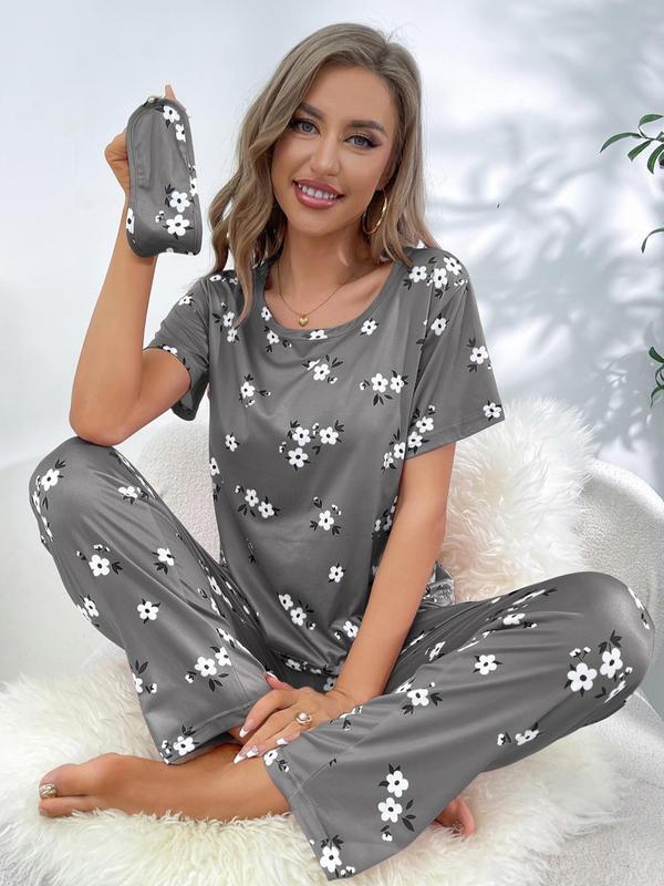 2 Piece Set Women's Floral Print Top & Elastic Waist Pants & Eye Cover Pyjama Set, Soft Comfy Lounge Set, Summer Wear 2024, Women's Sleepwear Lounge Co-ord Set