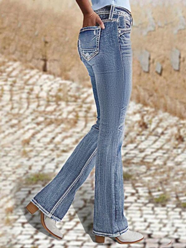 Women's Ombre Ripped Flare Leg Jeans, Fashion Pants Casual Button Pocket Denim Trousers for Daily Outdoor Wear, Ladies Bottoms for Spring & Fall Downtown Girl Clothes