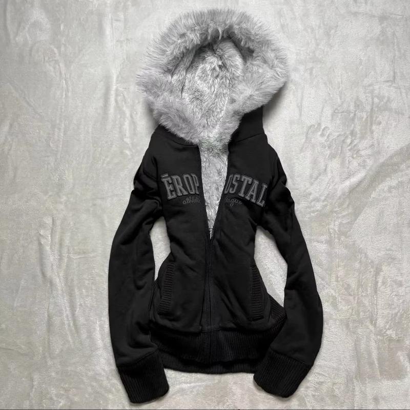 Y2K Goth Fur Collar Hooded Zipper Jacket Harajuku Letter Graphic Embroidery Slim Hoodie Autumn Winter Hot Girl Jacket Sweatshirt